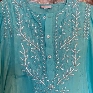 Turquoise Long Sleeve Silk Tunic With Silver Sequins